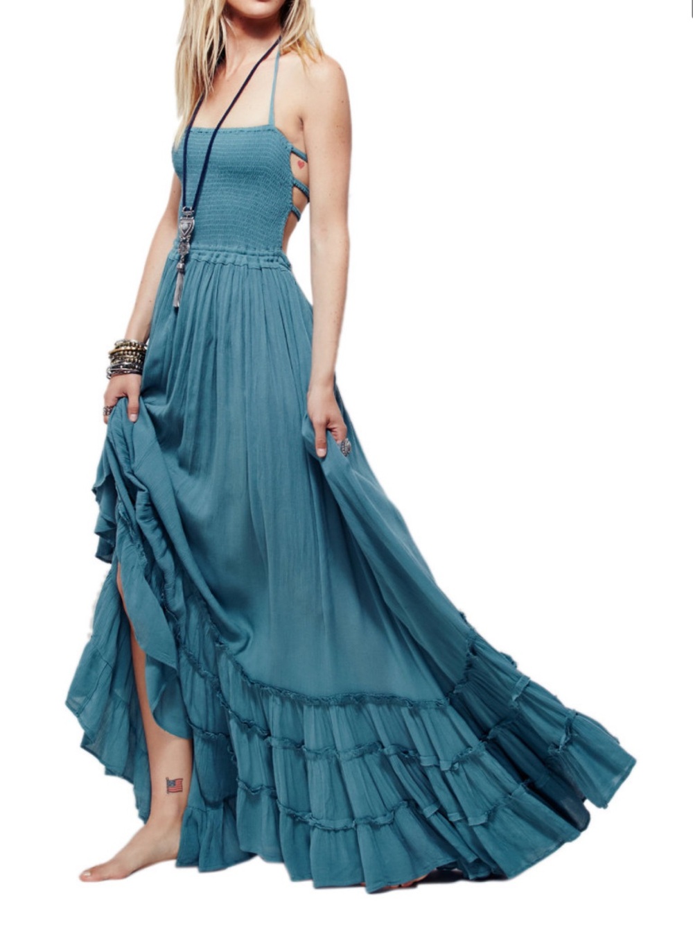 New Amazon Square Smocked Neck Strappy Open Back Grecian Maxi Dress Size Medium